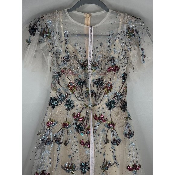 Mac Duggal 20510 Flutter Sleeve High Neck Embellished Tea Length Dress Sz 2 Nude - Picture 3 of 6